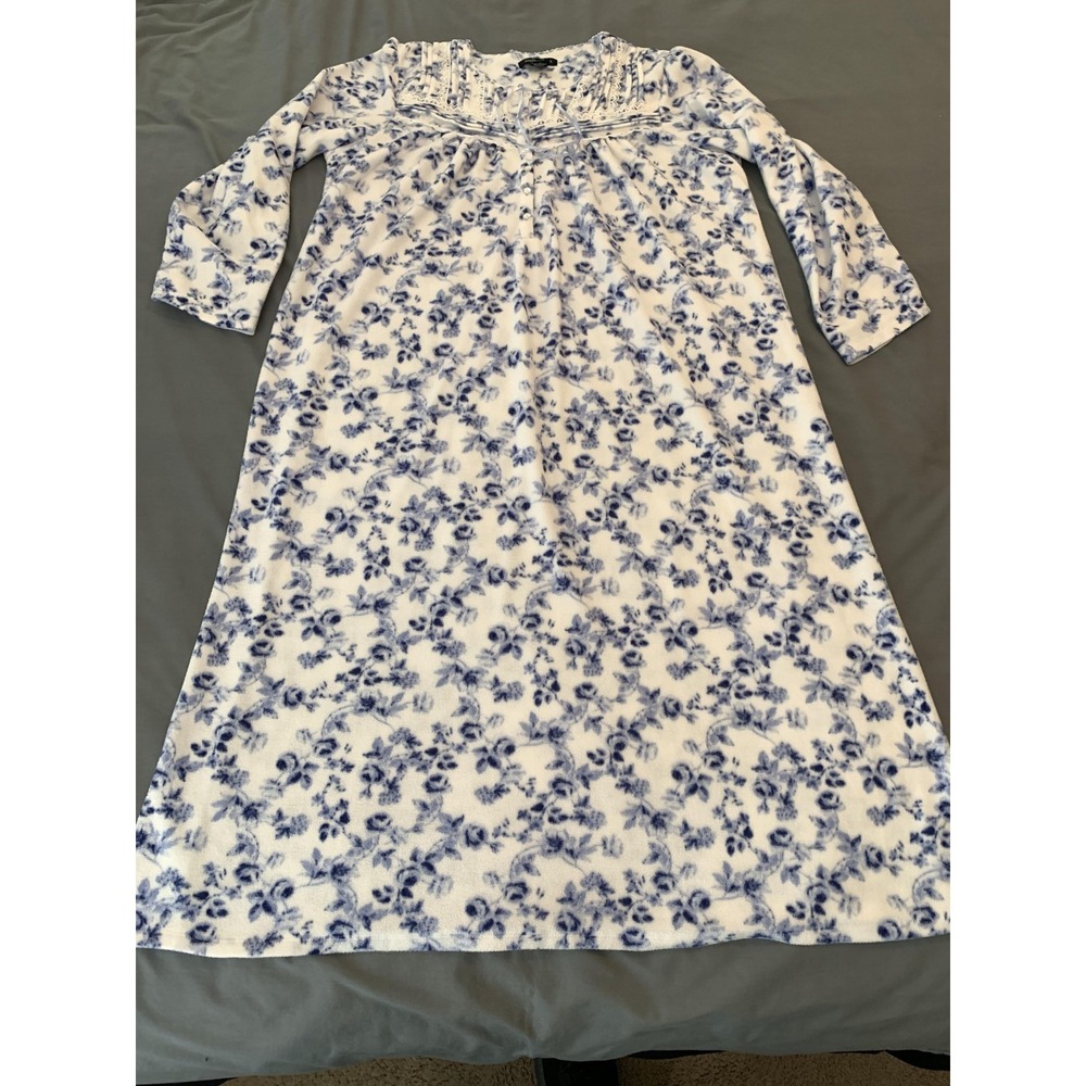 Earth Angels Nightgown Womens Large White Blue Floral Fleece 3/4 Sleeve Pajama